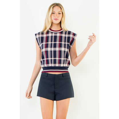 THML Plaid Knit Sweater Vest: NAVY / XS-S-M-L(1-2-2-1)