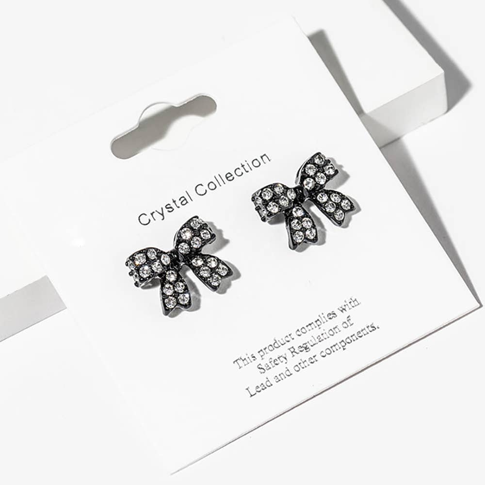 Crystal Rhinestone Bow Stud Earrings: Jet Black
