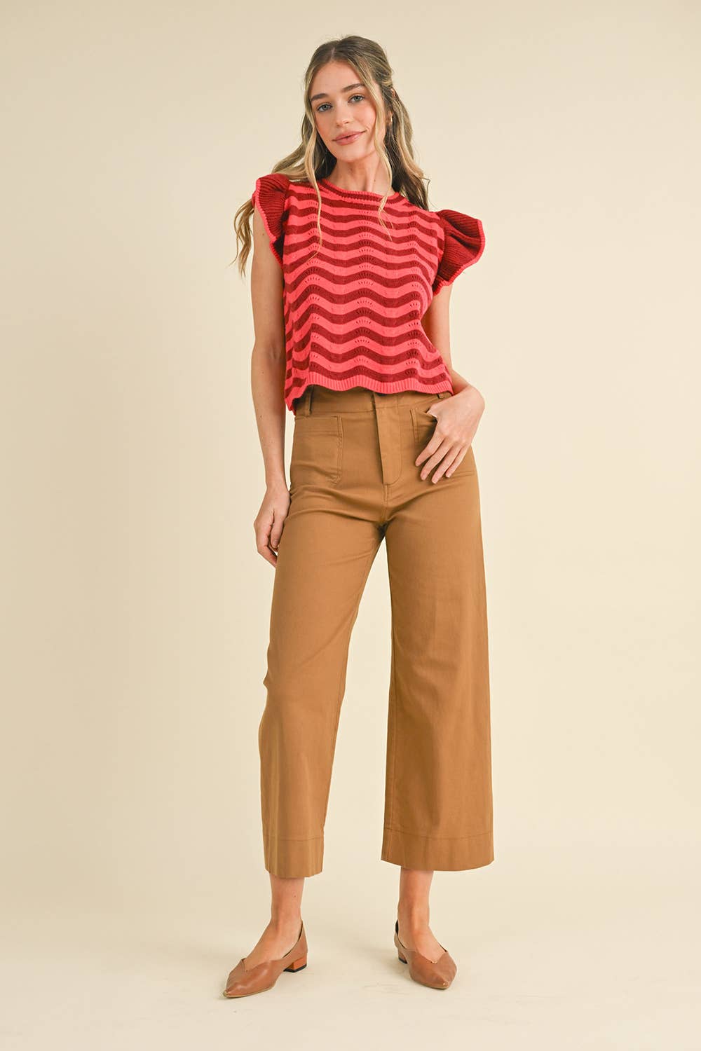 HIGH WAIST CROPPED WIDE LEG PANTS MP3303: Berry Pink / M