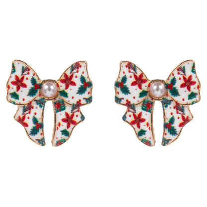 Pearl Accent Holiday Plaid Bow Stud Earrings: Green,Red
