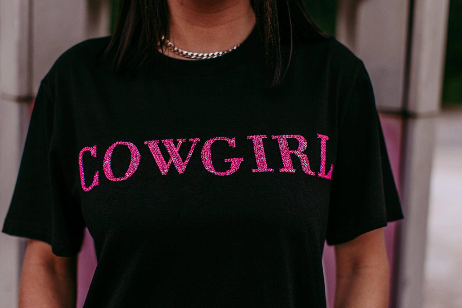 Cowgirl 3D Pink Sequin Embroidered Tee: Black