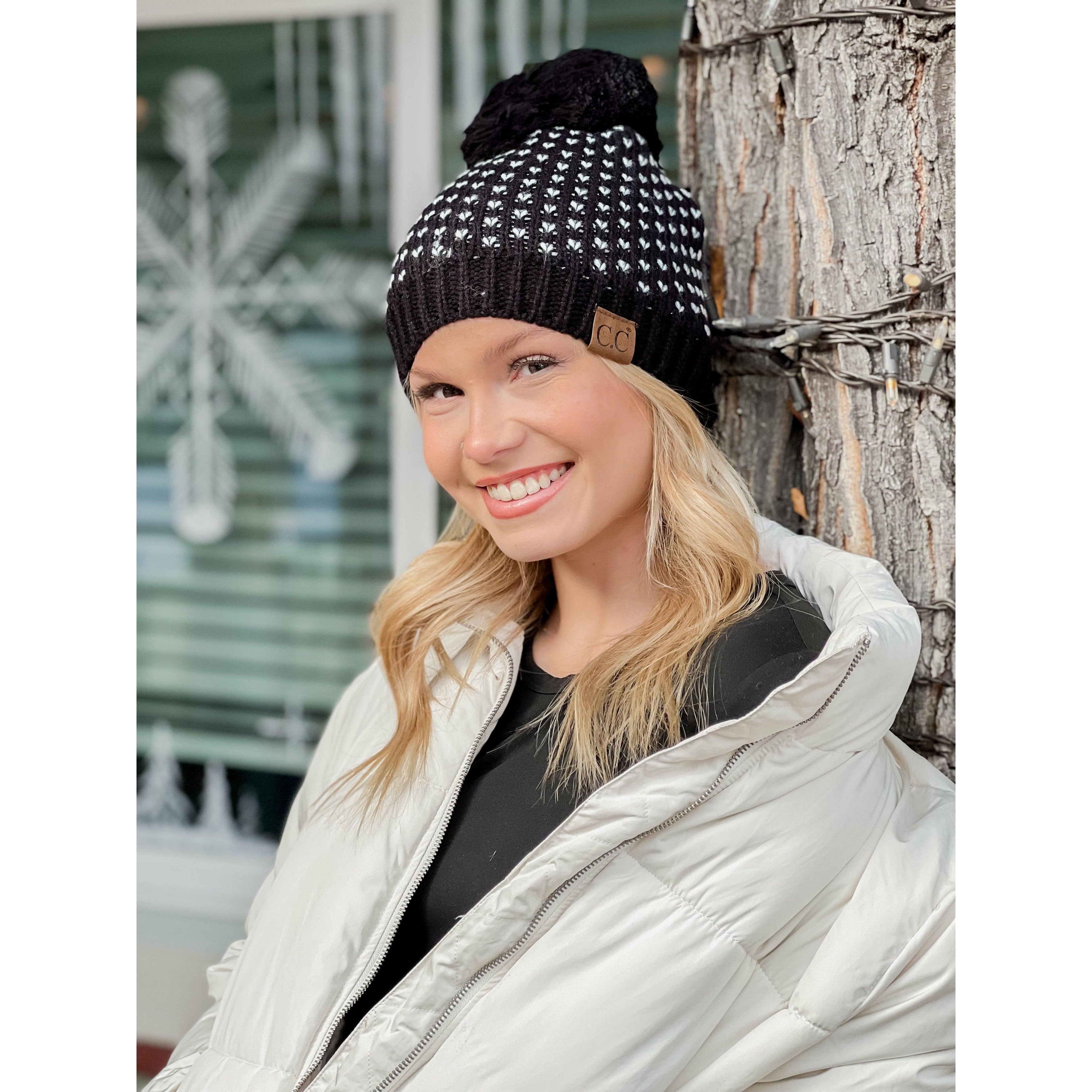 Heart Knit Pom Beanie HAT2088: Lt. Grey/Ivory