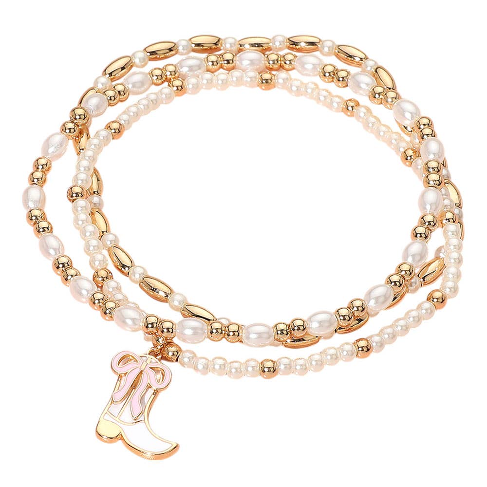 3PCS - Enamel Bow Cowboy Boot Pearl Beaded Multi Layered Bracelet: Gold,Hot Pink