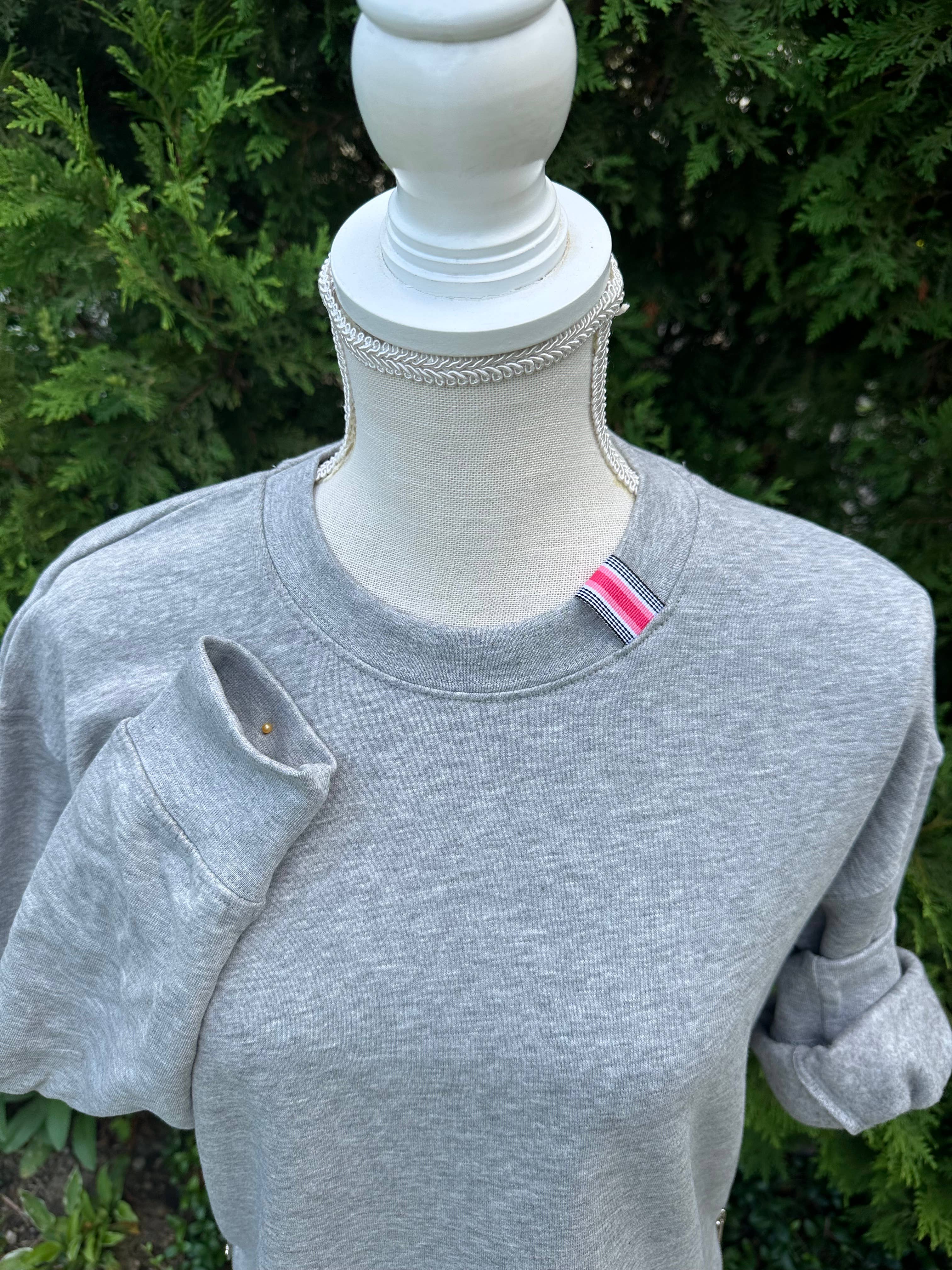 Danny Sweatshirt by Pearly Vines - Grey w Black, Coral &amp; Pink Stripe Ribbon: Grey w Black Coral &amp; Pink Stripe Ribbon / S (4-6) sweatshirt only