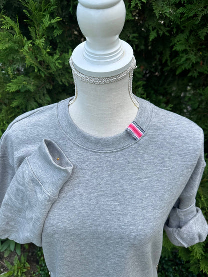 Danny Sweatshirt by Pearly Vines - Grey w Black, Coral &amp; Pink Stripe Ribbon: Grey w Black Coral &amp; Pink Stripe Ribbon / S (4-6) sweatshirt only