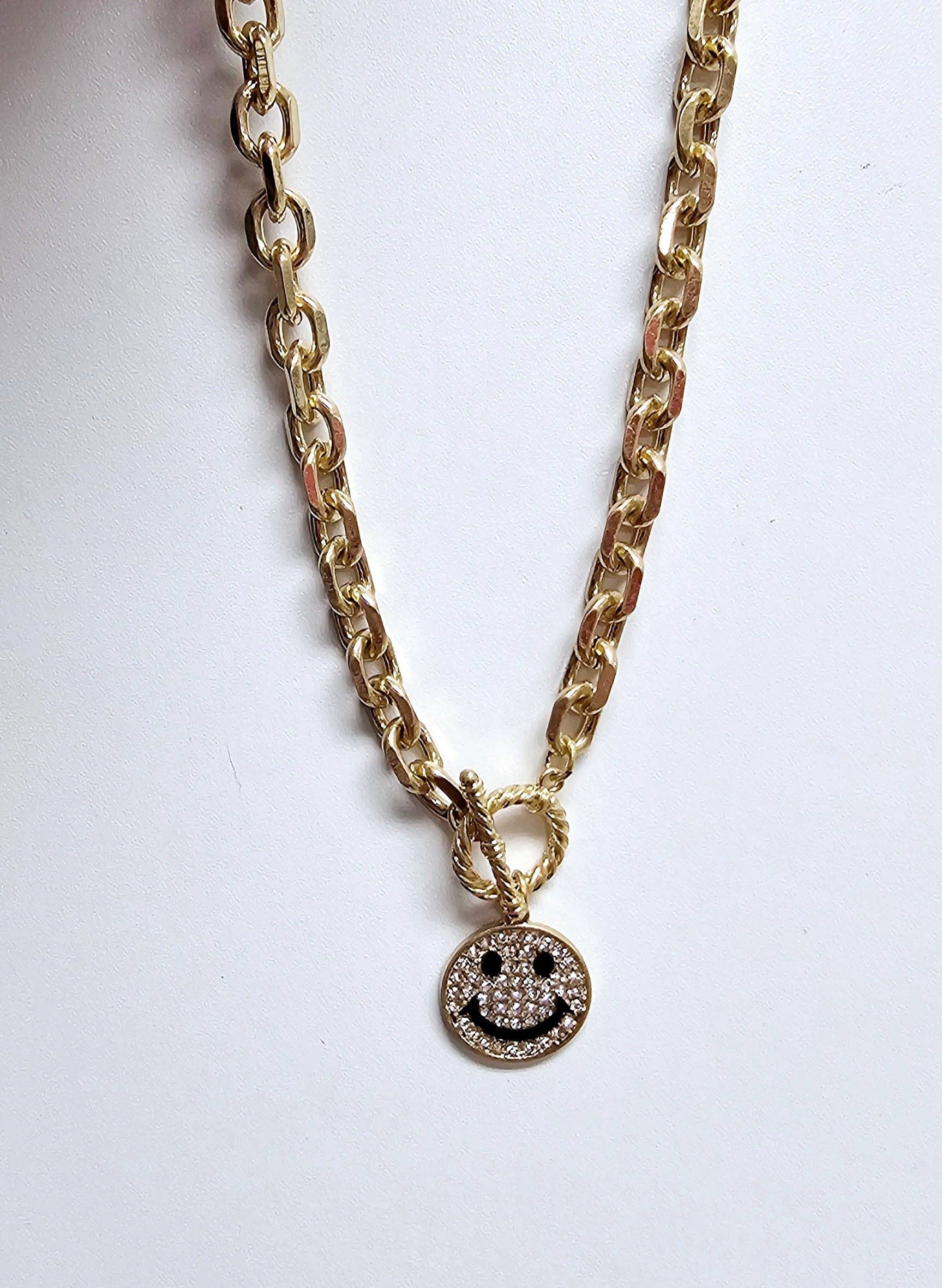 Gold happy face charm necklace: Gold