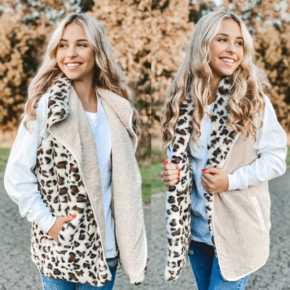 Reversible Leopard Print Sherpa/Faux Fur Vest VT716: S