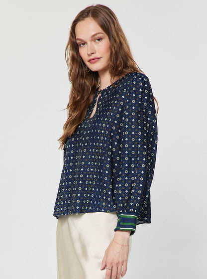 Geo Foulard Print Long Sleeve Blouse: Navy Multi