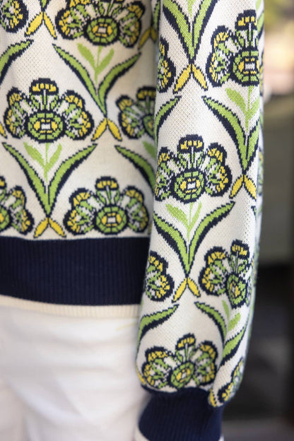 Green Floral Zip Up Sweater: Green
