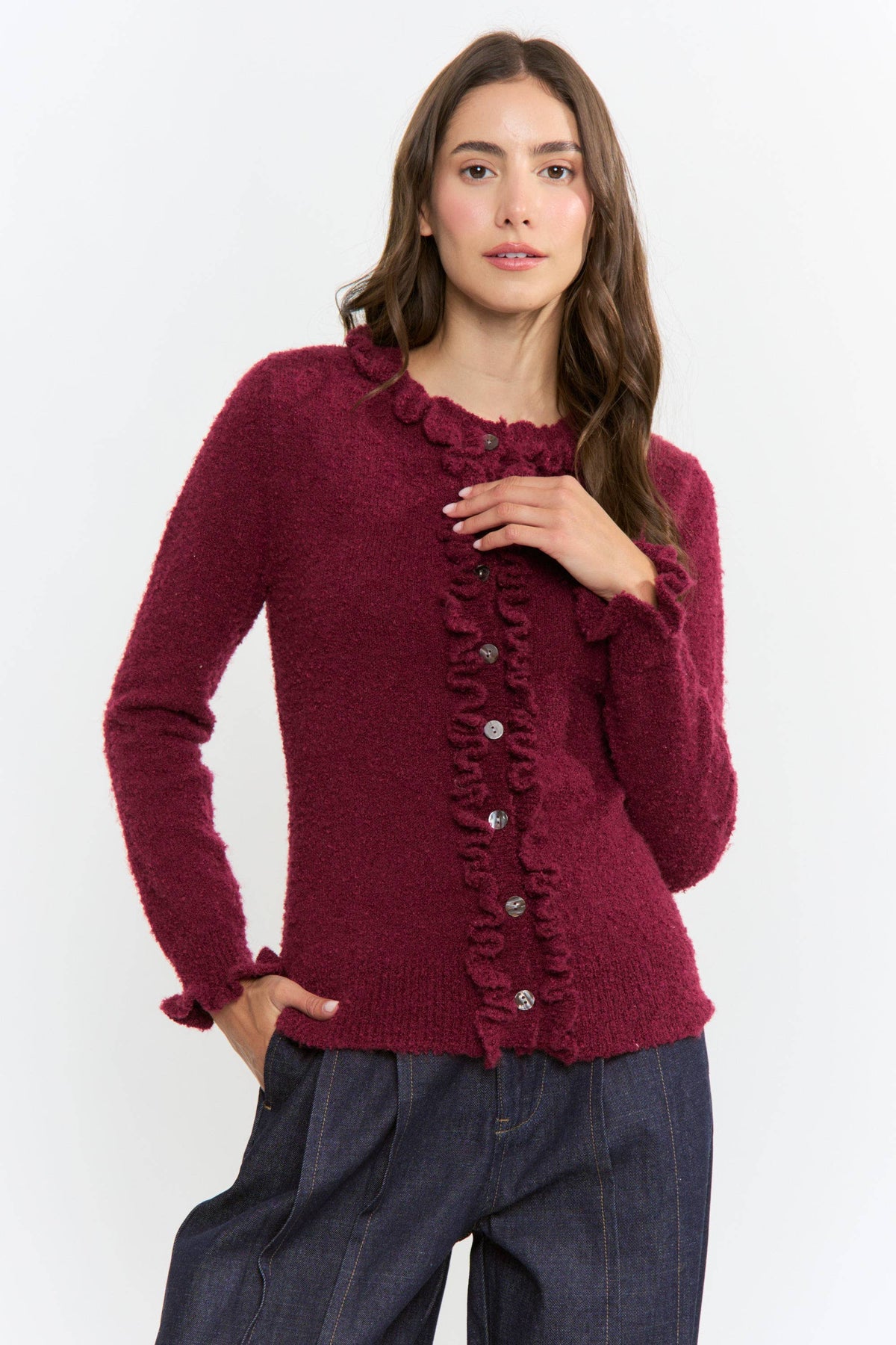 CEW26312 COZY RUFFLED-TRIMMED CARDIGAN: Burgundy / S-M-L(3-2-1)
