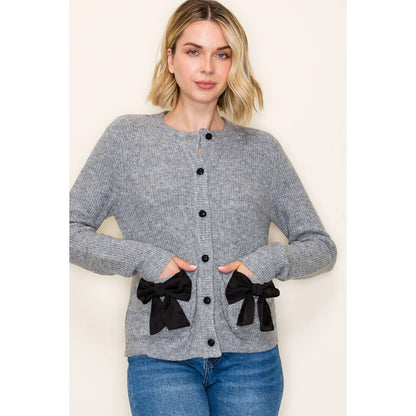 BOW ACCENTED BUTTON DOWN SWEATER CARDIGAN: GREY