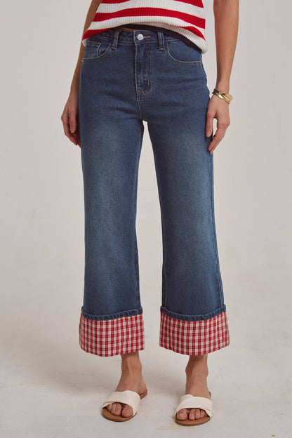 STRAIGHT LEG JEANS WITH GINGHAM CHECK CUFF HEM by BON: DENIM/RED CHECK