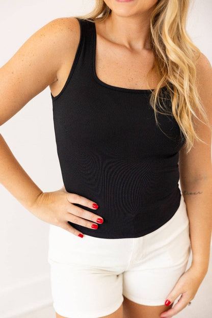 Bella Square Neck Rib Knit Tank Top Black: Black / XS
