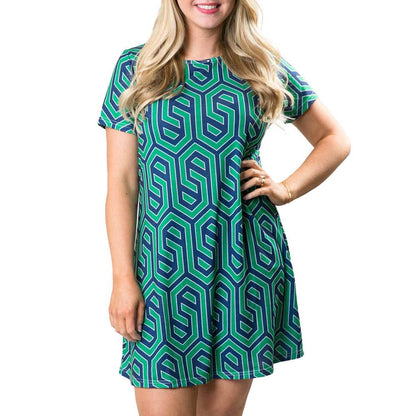 Gia T-Shirt Dress - Green and Navy Geometric / Medium