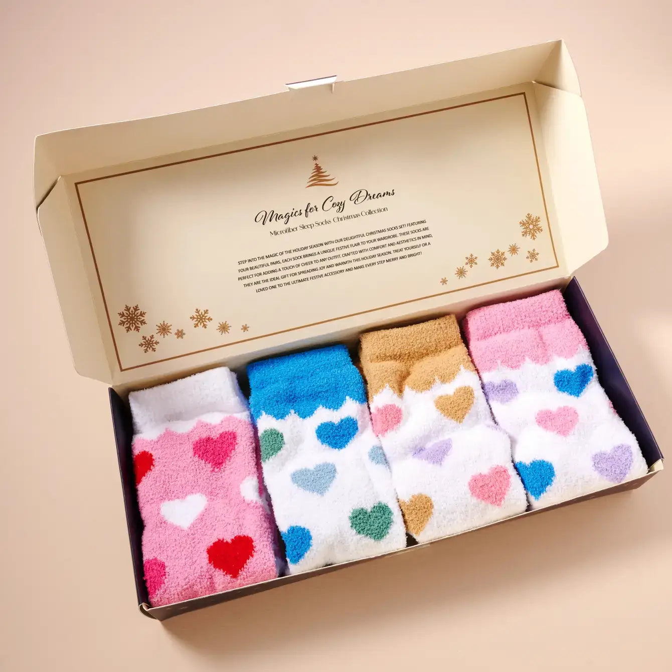 Fuzzy Heart Print Socks Gift Set – 4 Pairs for Valentine&