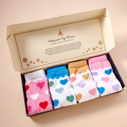 Fuzzy Heart Print Socks Gift Set – 4 Pairs for Valentine&