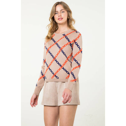 Chain Print Sweater: TAUPE / M