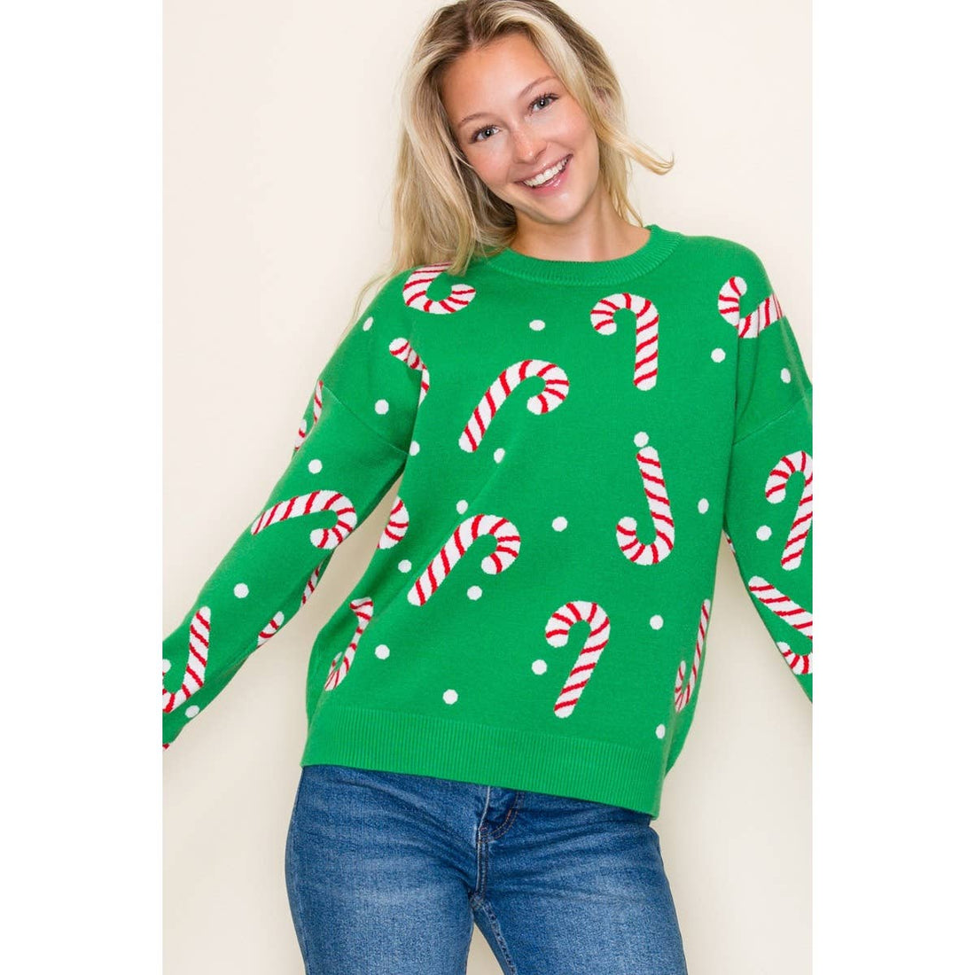 CHRISTMAS CANDY CANE SWEATER: GREEN / S-M-L-XL(2-2-2-1)