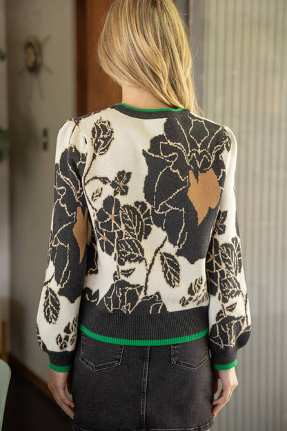 VOY Striped Rib Band Detailed Printed Sweater: Ivory