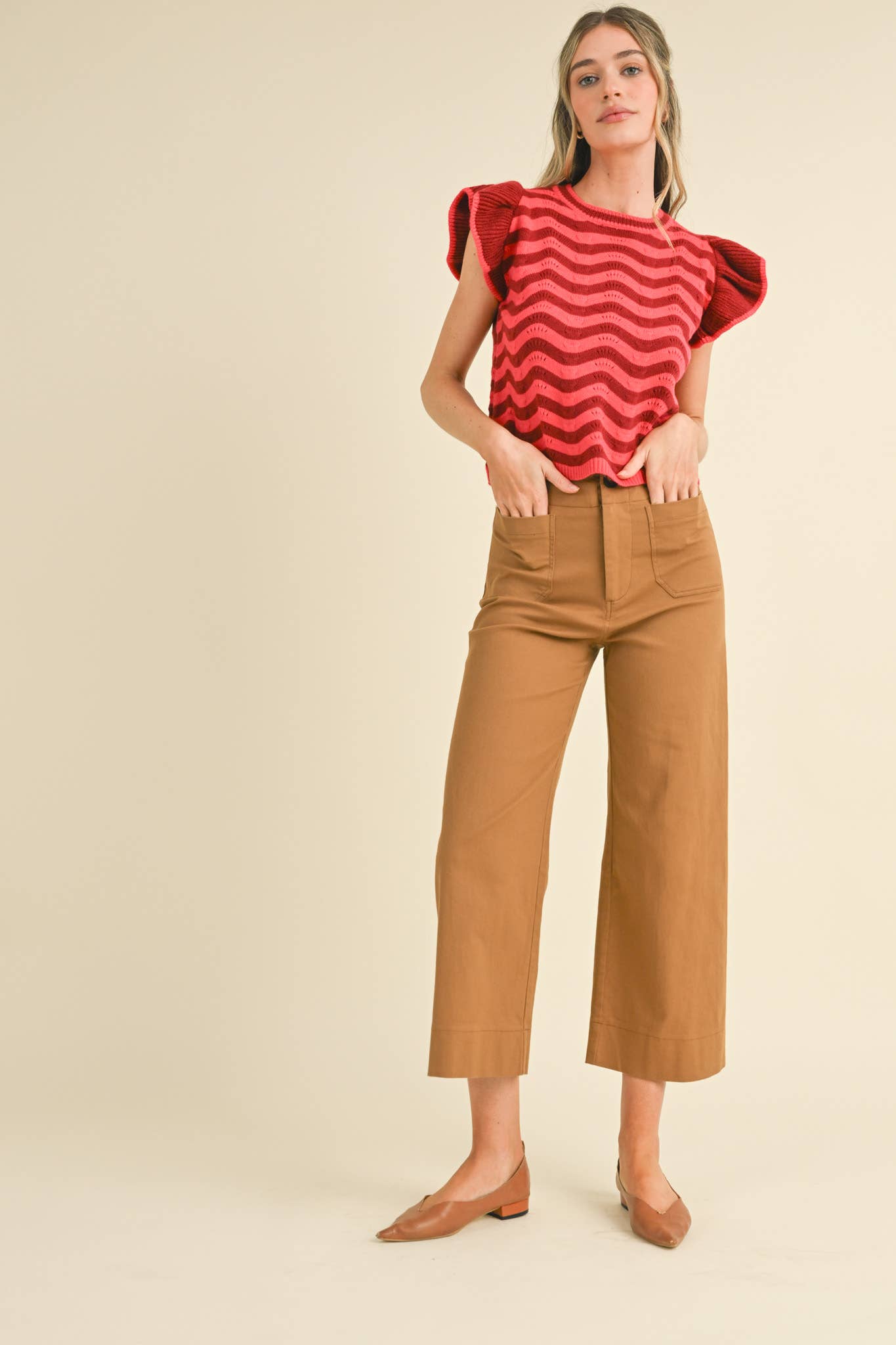 HIGH WAIST CROPPED WIDE LEG PANTS MP3303: Berry Pink / M