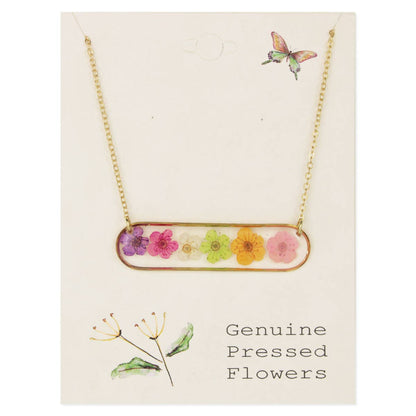 Pastel Rainbow Dried Flower Gold Bar Necklace