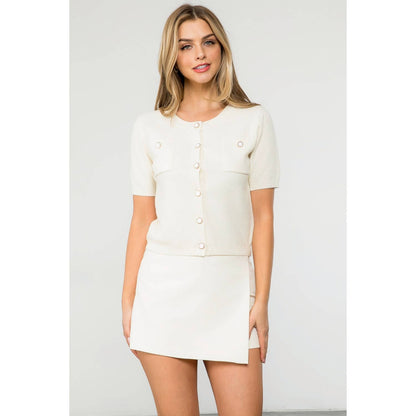 Short Sleeve Button Up Knitted Top: PINK / XS-S-M-L(1-2-2-1)