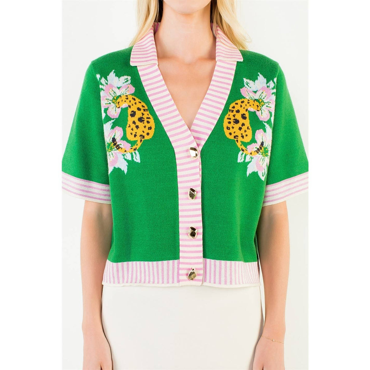 THML Button Up Collared Tiger Print Cardigan: GREEN