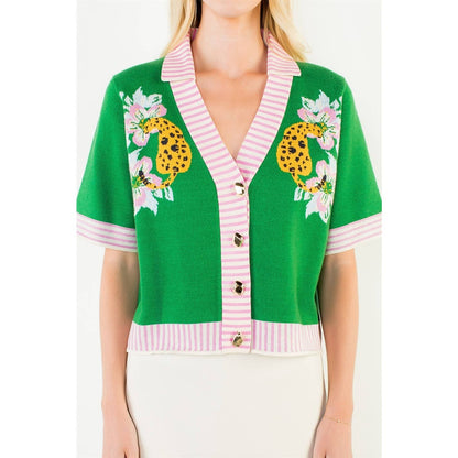 THML Button Up Collared Tiger Print Cardigan: GREEN