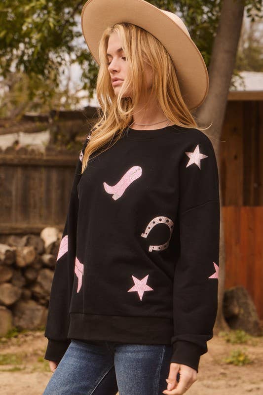 Cowboy Glitter Printed Sweatshirt: Black