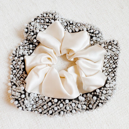 Pearls And Beads Satin Hair Scrunch: Black