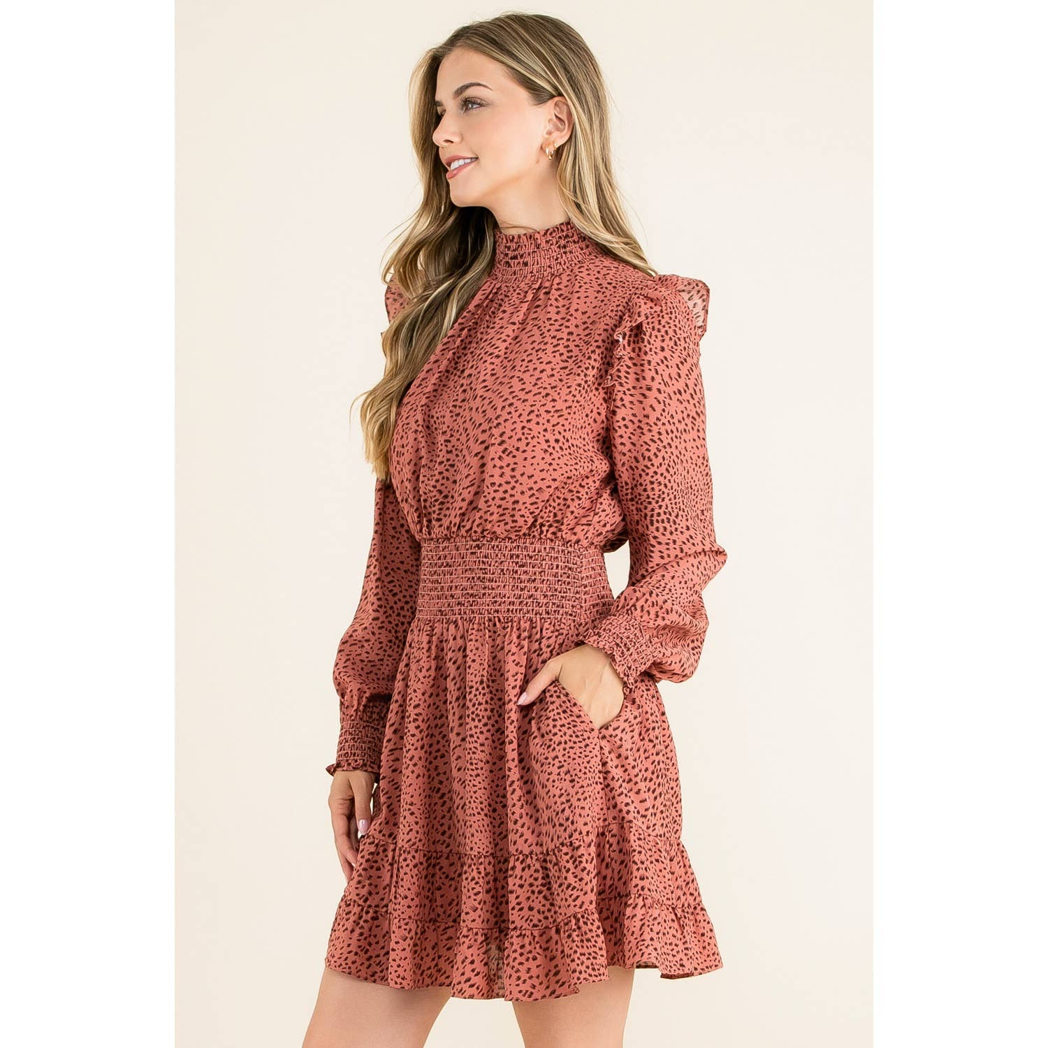 Smock Neck Ruffle Dress: MAUVE / L