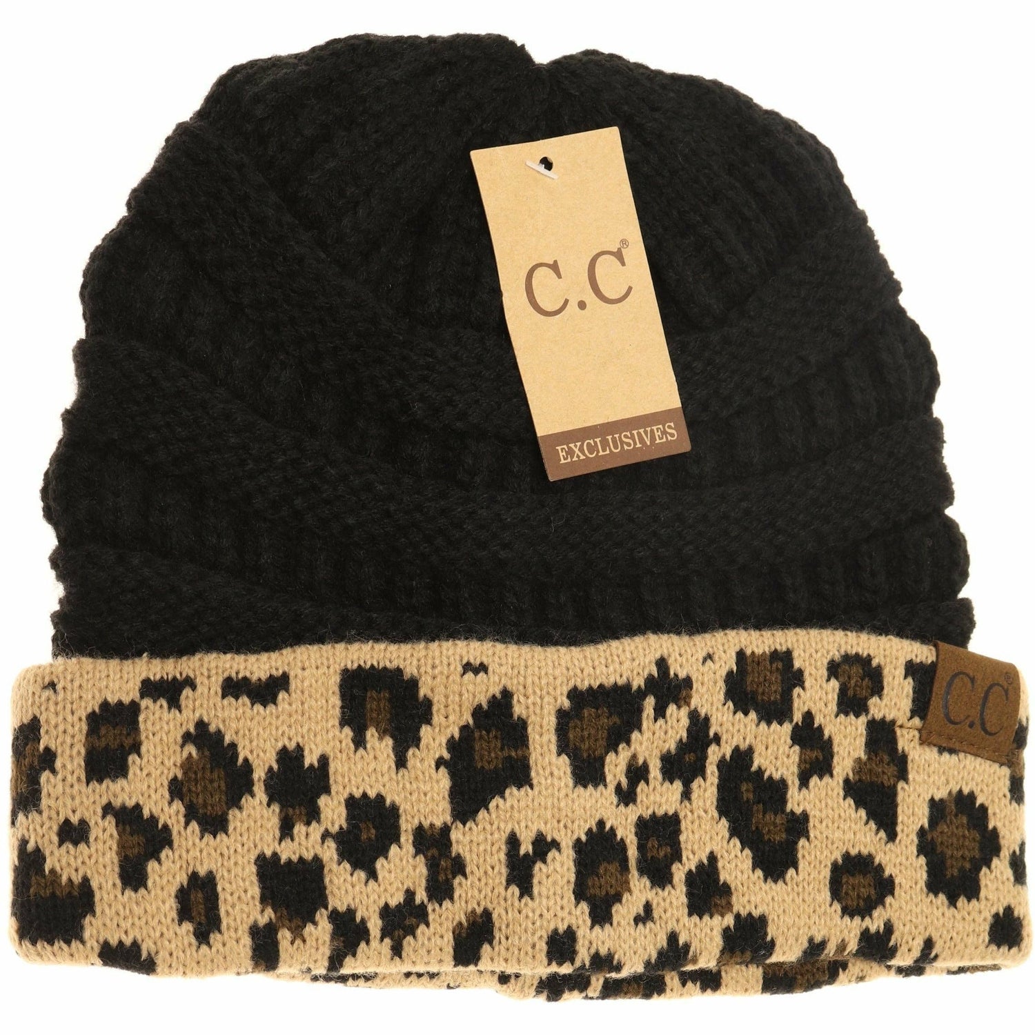 Matching Cuff Leopard Print CC Beanie HAT80: Black