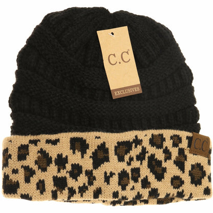 Matching Cuff Leopard Print CC Beanie HAT80: Black