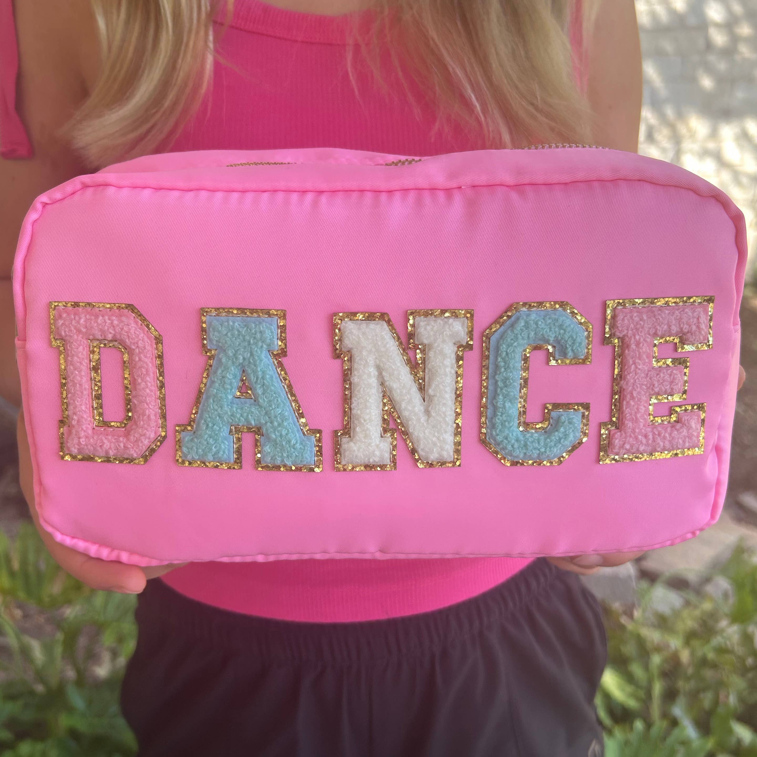Cosmetic or Toiletry Bag with Varsity Letter Patches: Dark Pink with STUFF