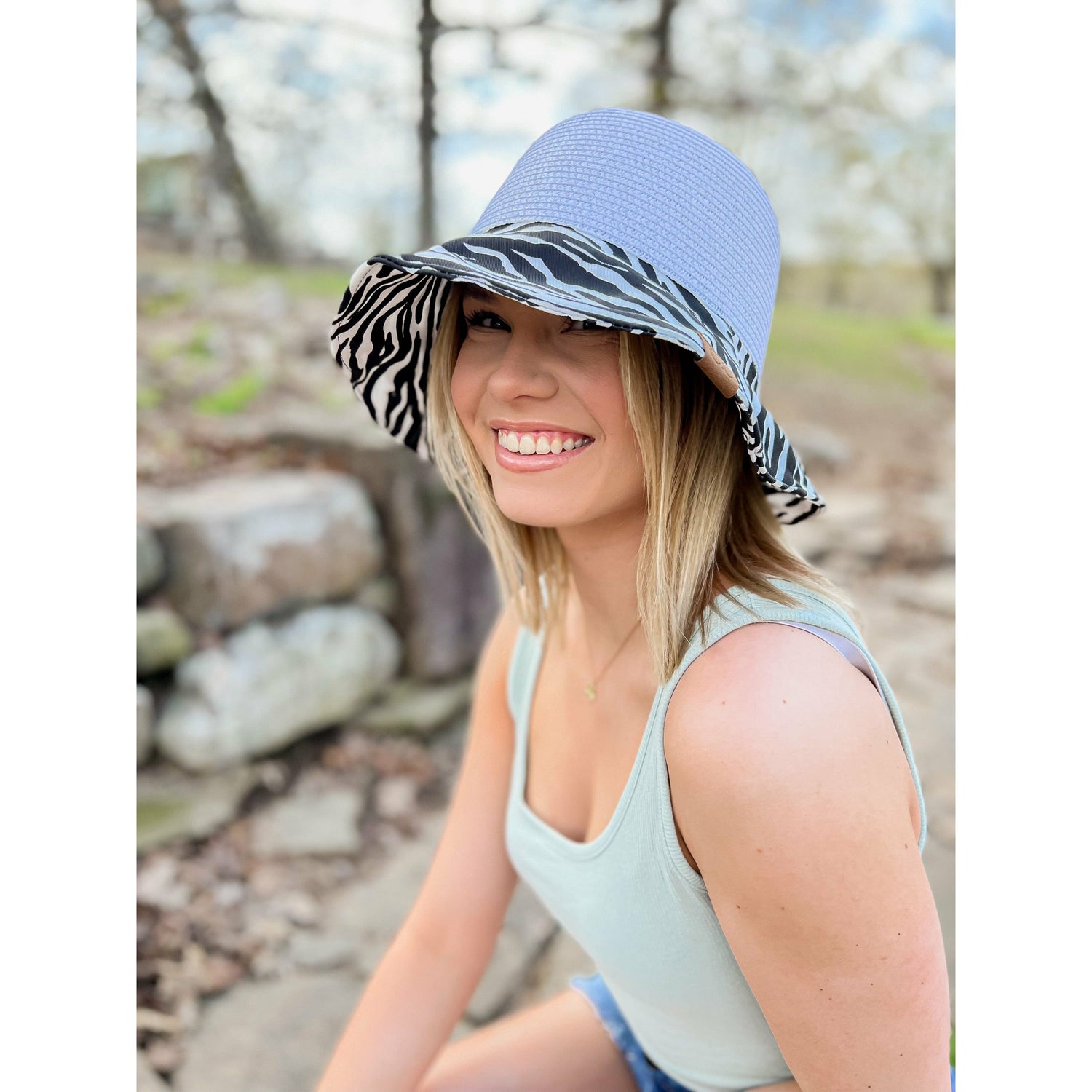 Zebra Print Straw Cloche C.C Sun Hat ST3927: White