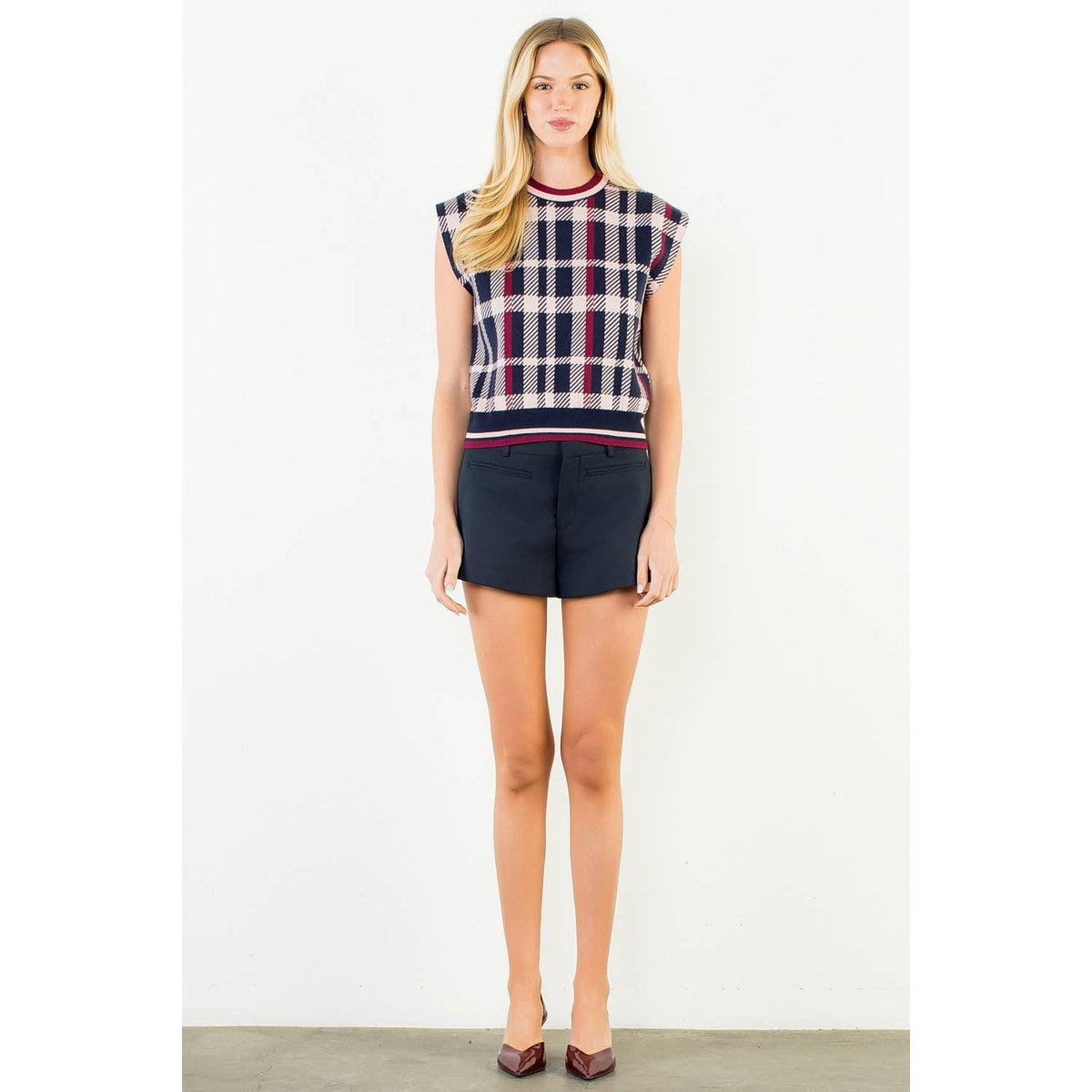 THML Plaid Knit Sweater Vest: NAVY / XS-S-M-L(1-2-2-1)