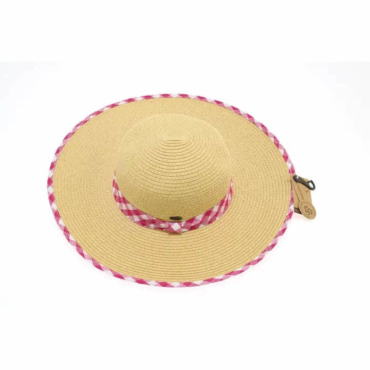 Straw Brim Hat w/Gingham Print ST3006: Hot Pink/White