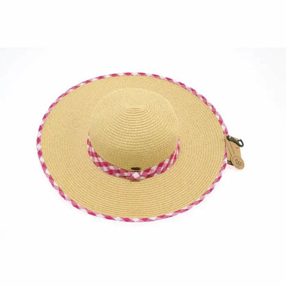 Straw Brim Hat w/Gingham Print ST3006: Hot Pink/White
