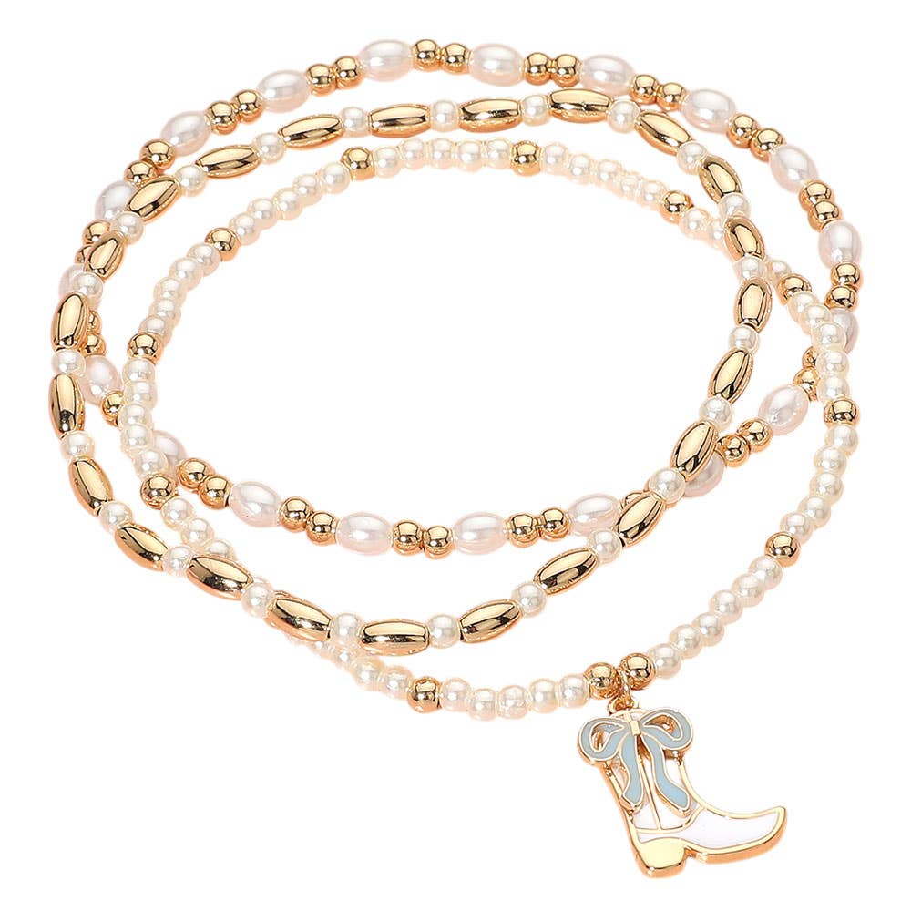 3PCS - Enamel Bow Cowboy Boot Pearl Beaded Multi Layered Bracelet: Gold,Hot Pink
