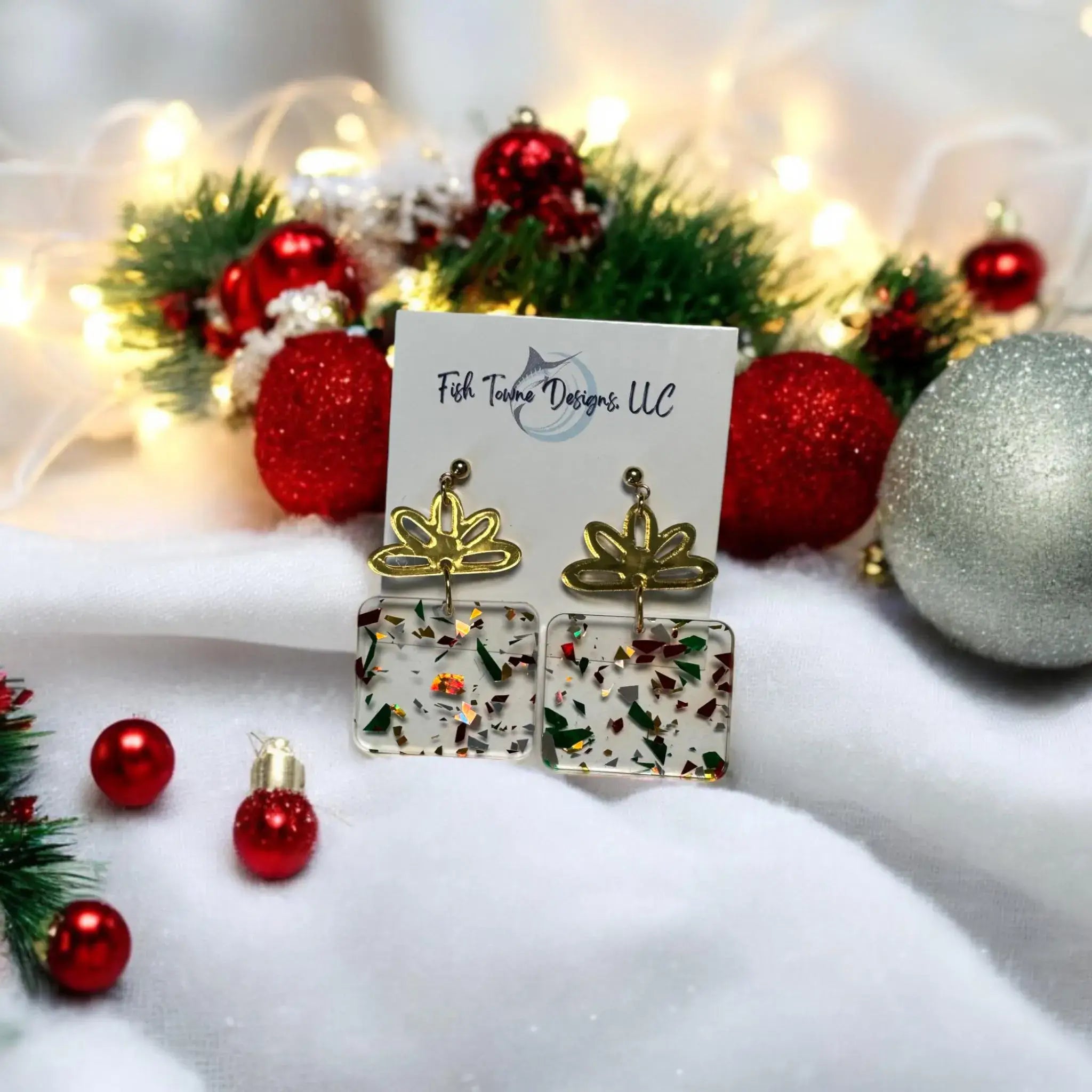Christmas Present Acrylic Earrings: Square