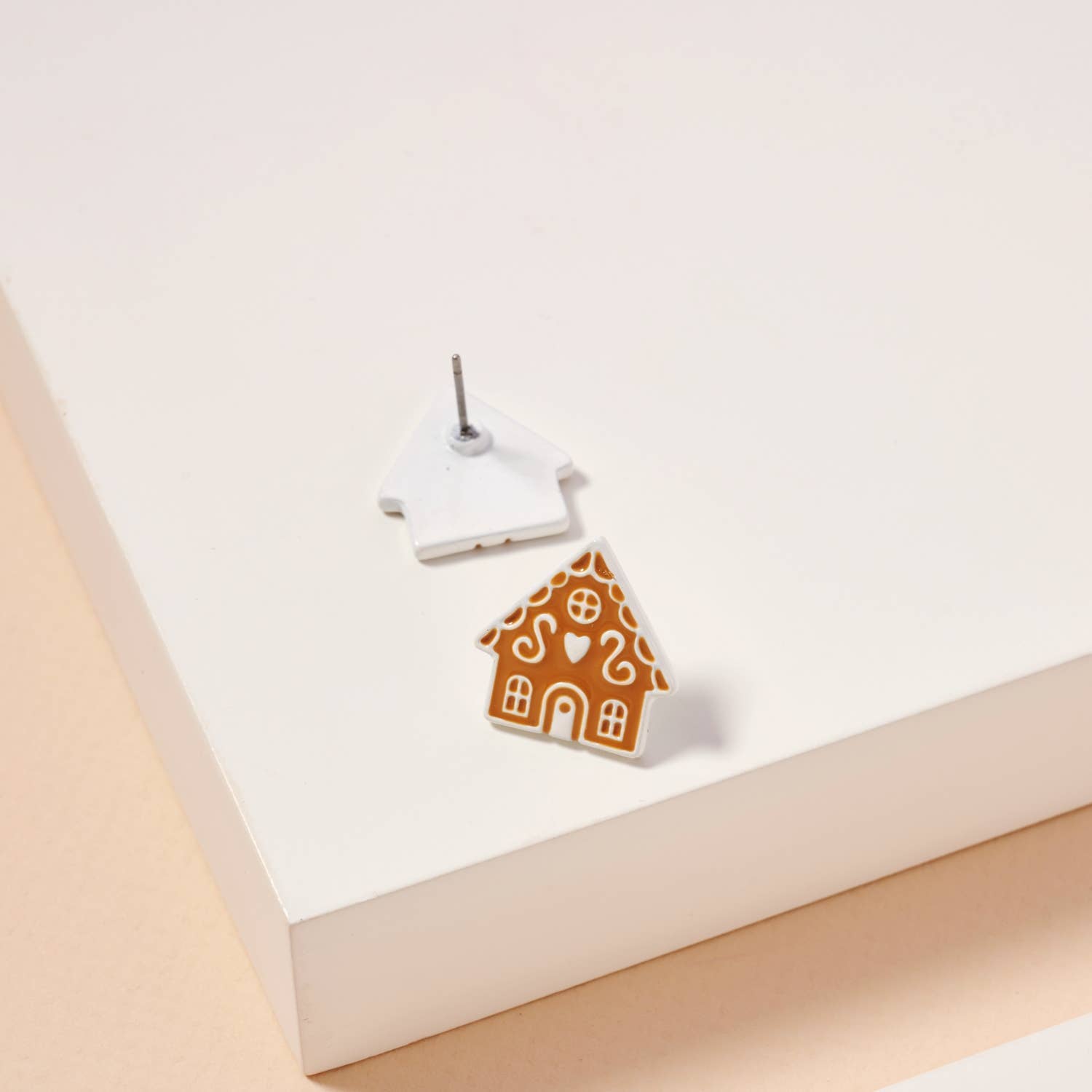 Gingerbread House Christmas Enamel Stud Earrings: Beige / One / 4BE32035