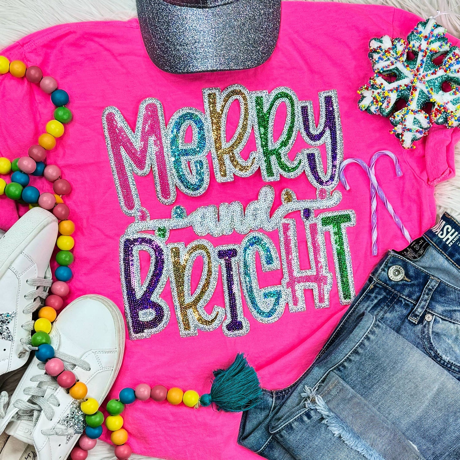 Colorful Sequin Merry and Bright Patch Neon Pink Pigment Dyed Tee: M