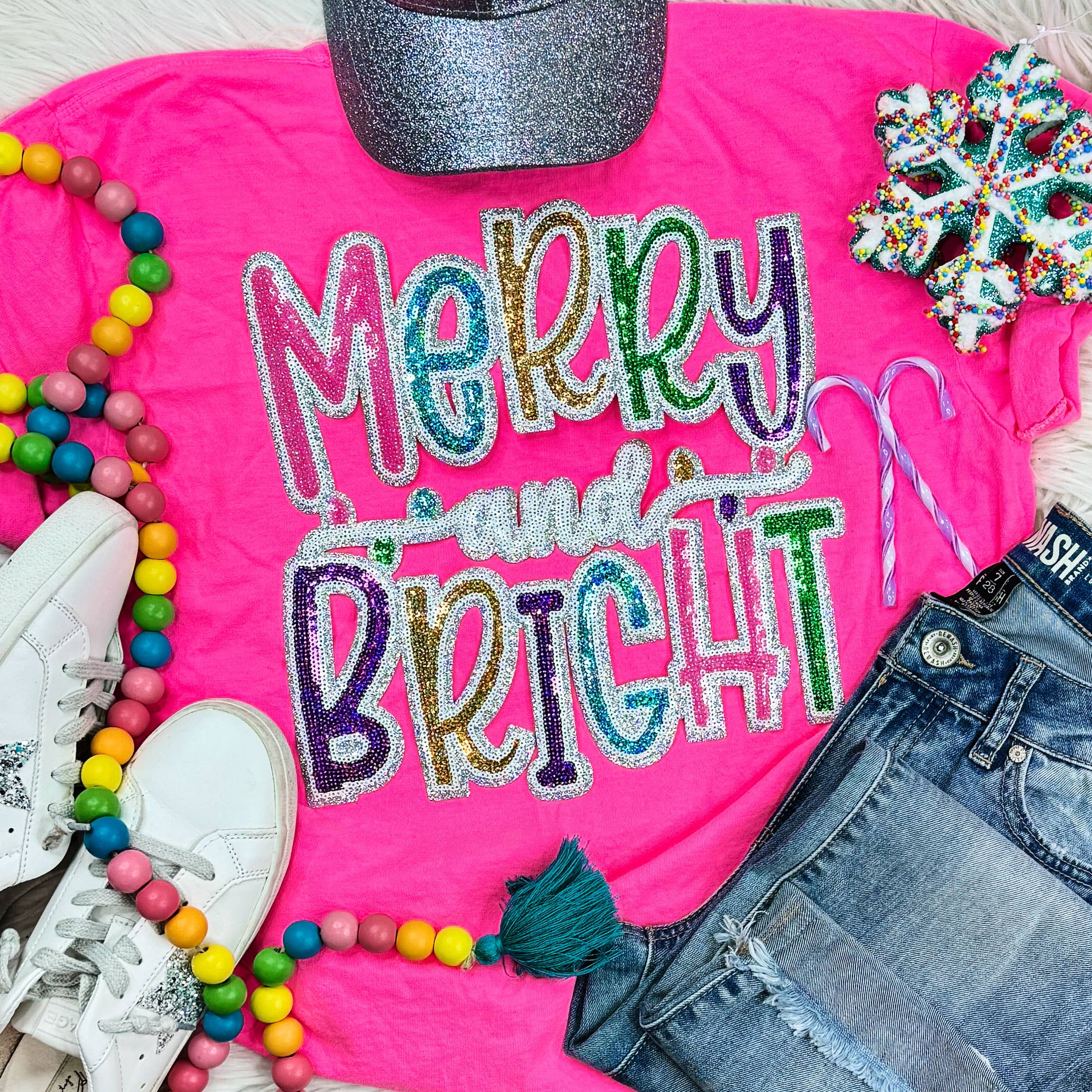 Colorful Sequin Merry and Bright Patch Neon Pink Pigment Dyed Tee: L