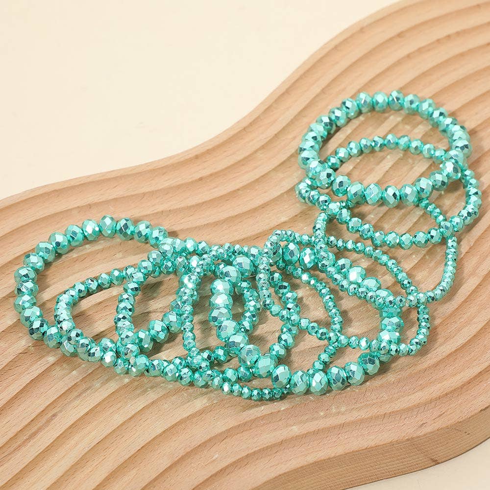 9PCS - Faceted Beaded Stretch Multi Layered Bracelets: Aqua