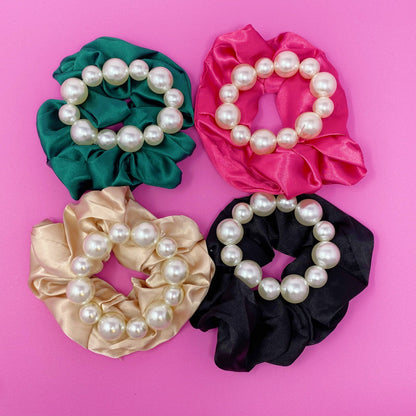 Pearl &amp; Satin Scrunchie Set: Jeweled Pink