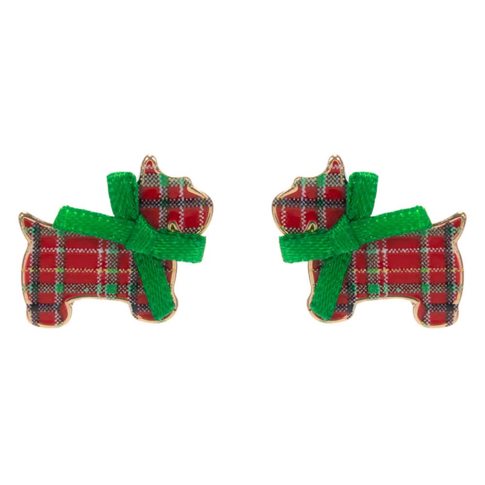 Festive Bow Christmas Plaid Dog Stud Earrings: Red