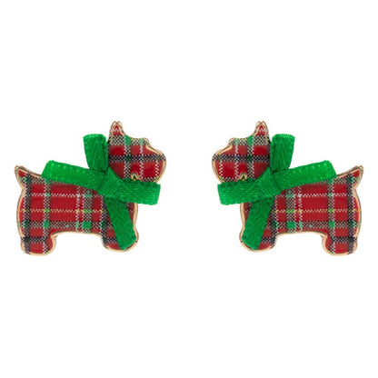 Festive Bow Christmas Plaid Dog Stud Earrings: Red