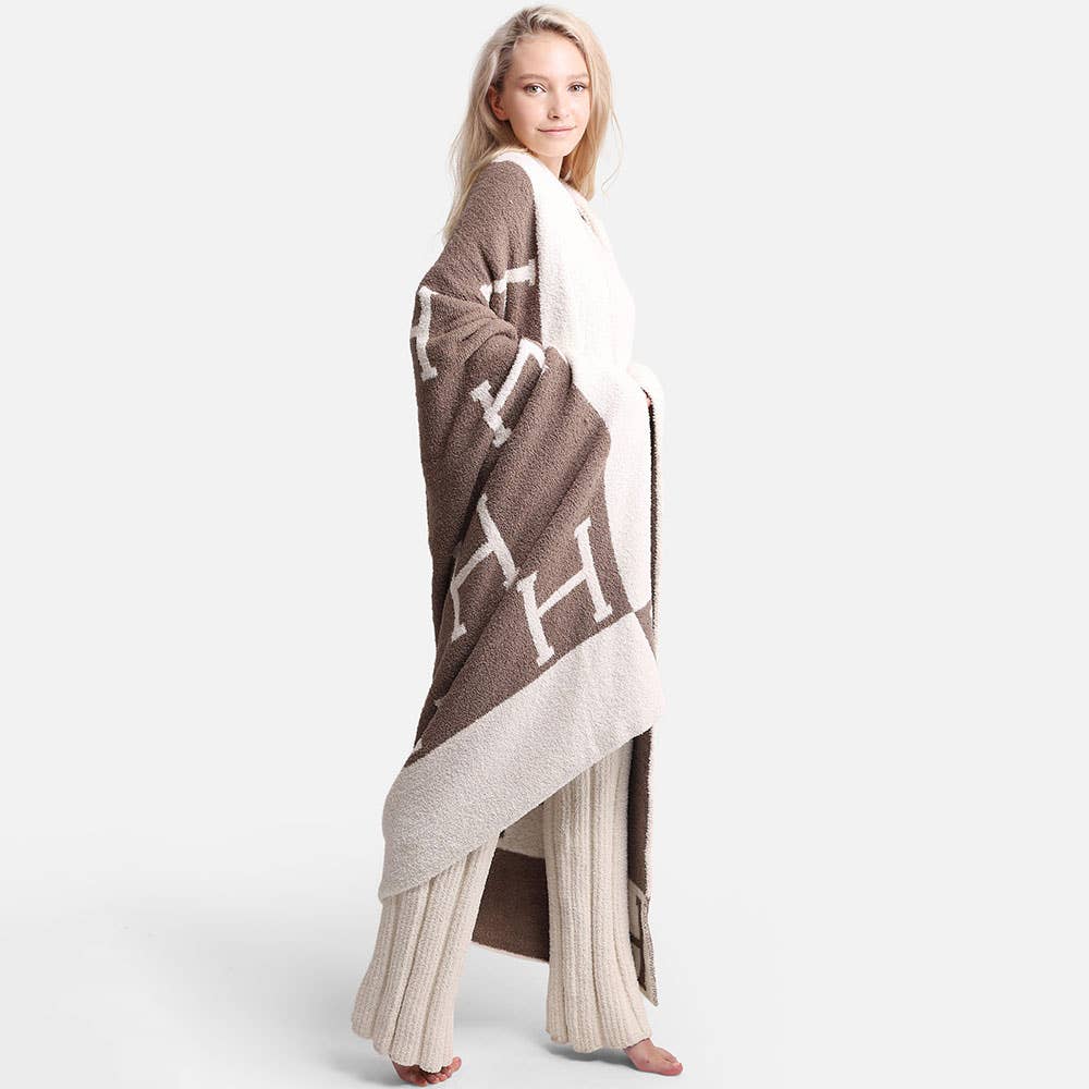 H Initial Monogram Patterned Reversible Throw Blanket: Black faux Hermes