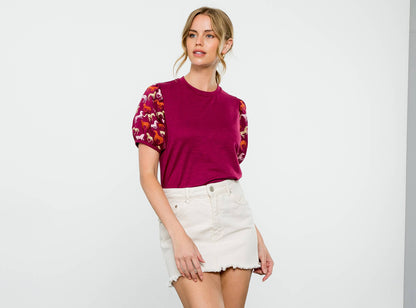 Embroidered Horse Print Top: BURGUNDY / XS-S-M-L(1-2-2-1)
