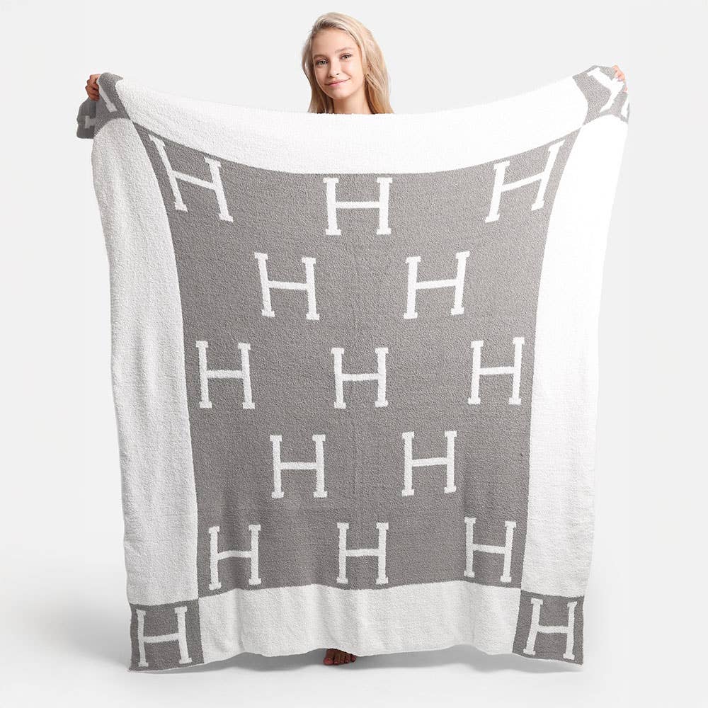 H Initial Monogram Patterned Reversible Throw Blanket: Black faux Hermes